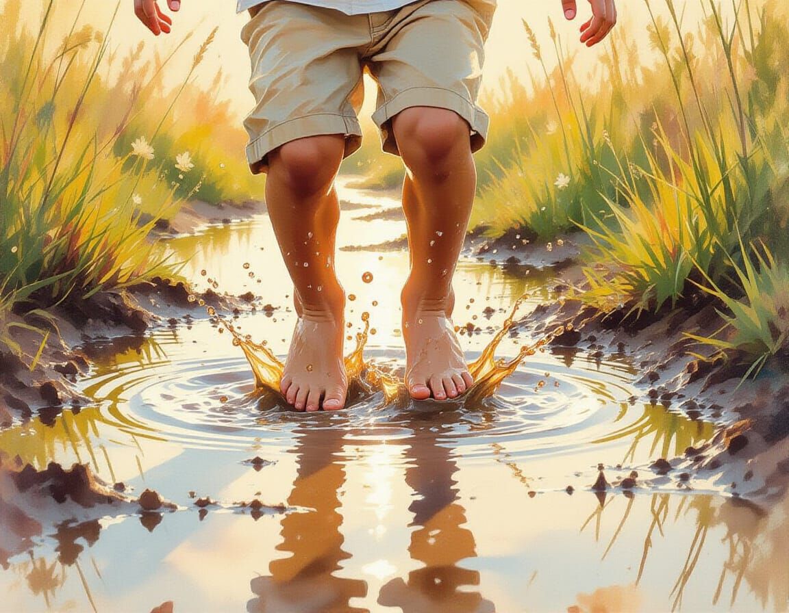 Child's Bare Feet Jumping in Mud Puddle