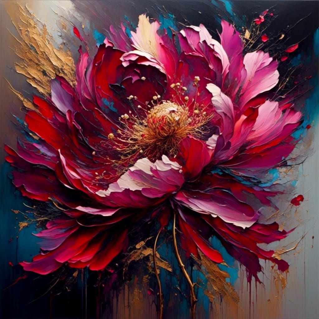 Vivid Peony in Full Bloom as Impasto Painting