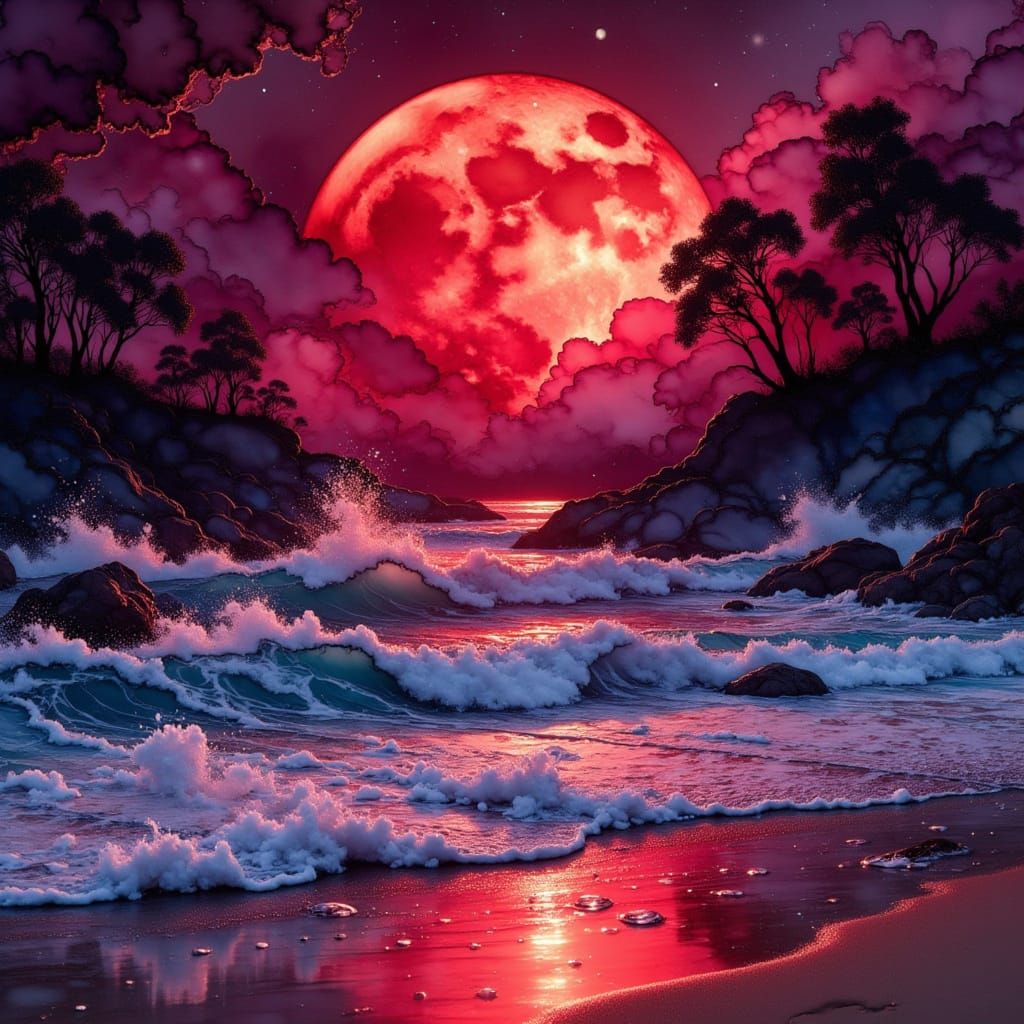 Blood Moon Illuminates Turbulent Waves in a Vibrant, Red-Hue...