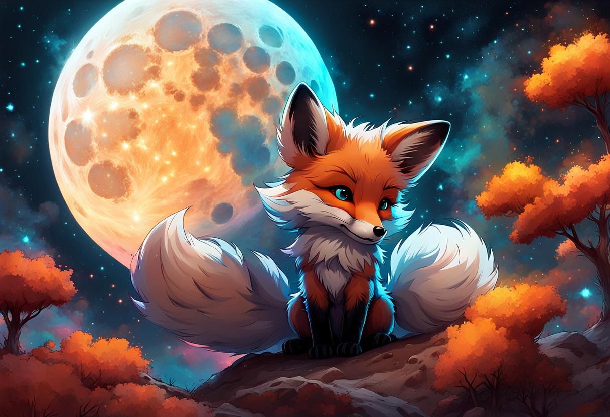 Chibi Foxes Playing Baseball on Moon Constellation