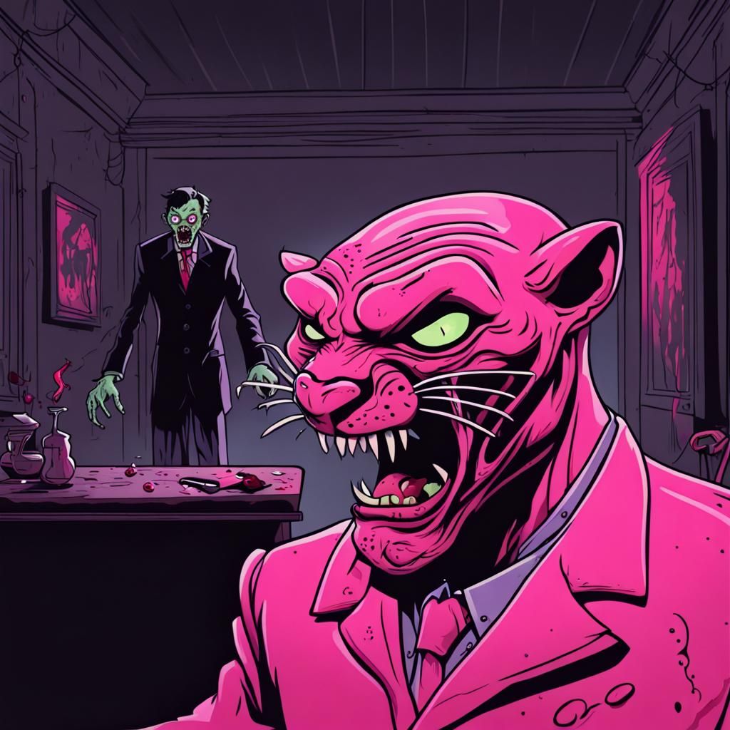 Zombie Pink Panther in Dark Horror Scene