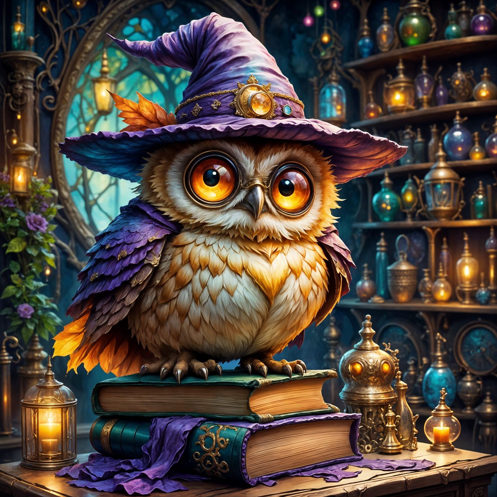 Mischievous Owl in Wizard Hat with Glowing Spellbooks