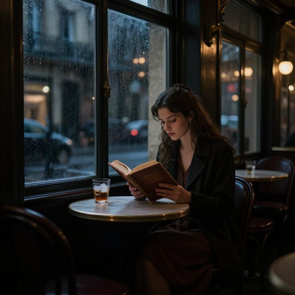 Princess Belle in Dimly Lit Parisian Cafe at Night