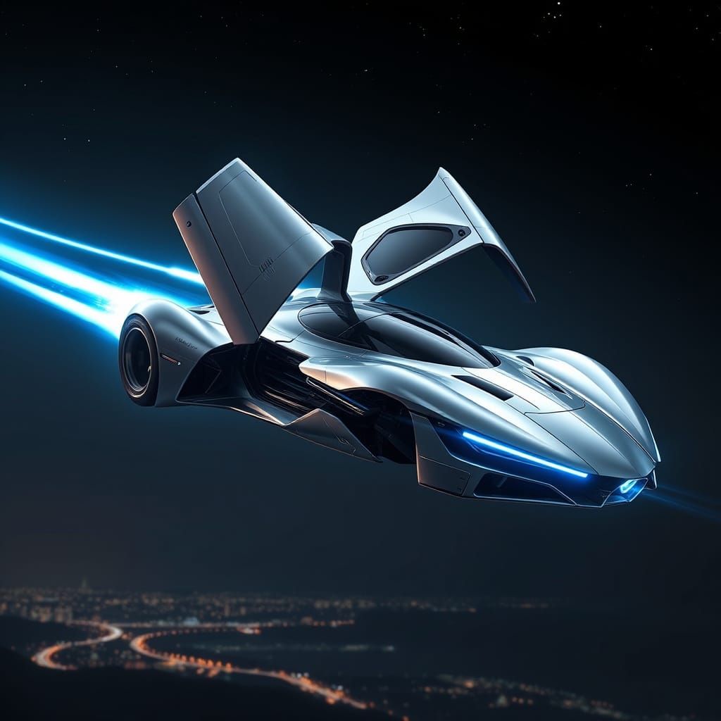 Flying Metallic Silver Speedster in a Futuristic Night Sky