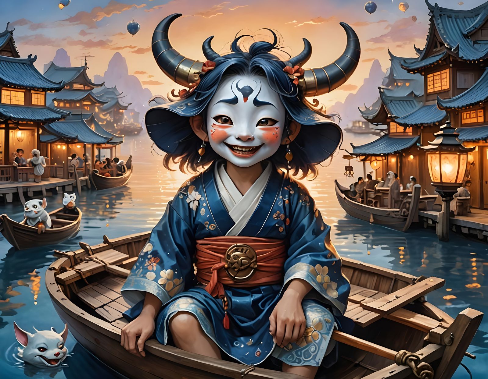 Yokai in Boat Portrait: Detailed Chibi-Style Tempera Paintin...