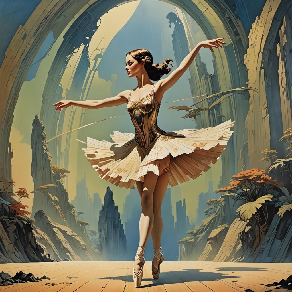 Ballet Dancer in Art Deco Mountain Scene