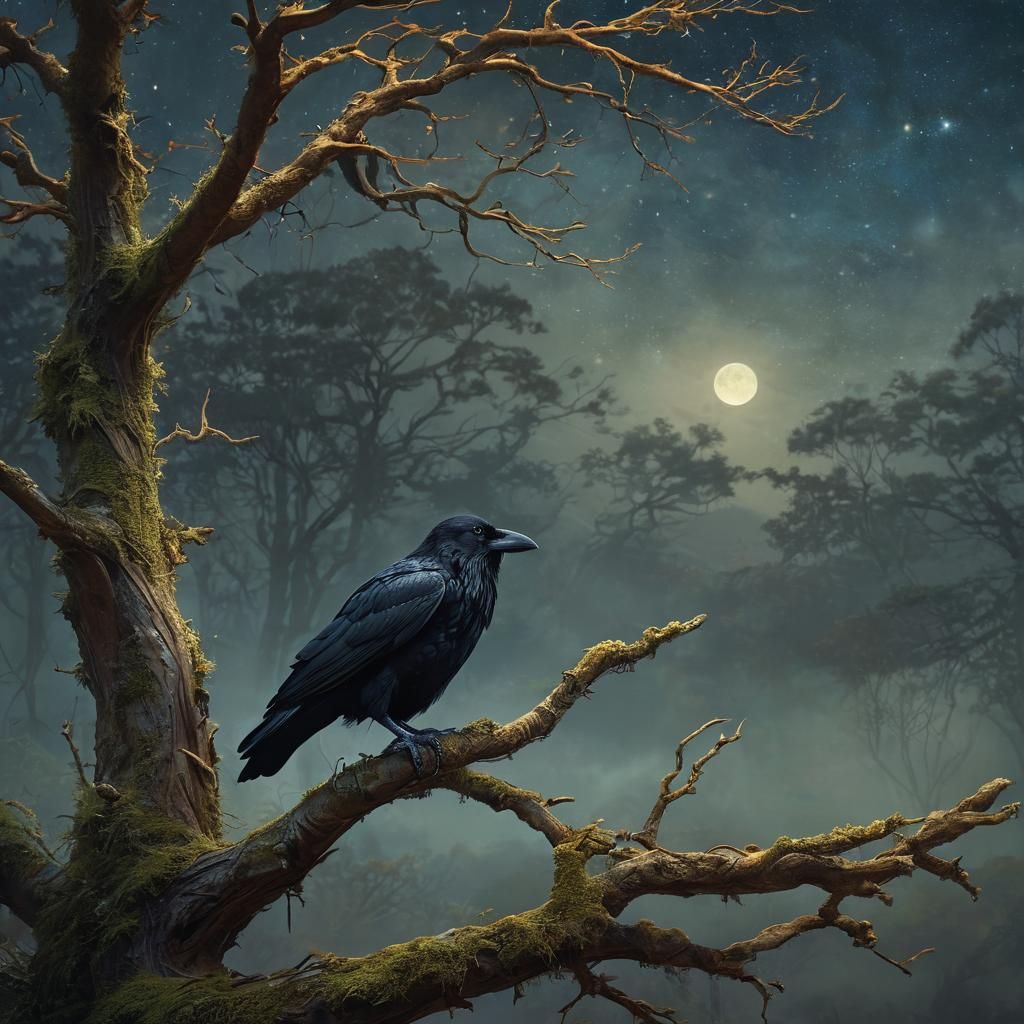 Raven on Branch in Fantasy Oil Painting Style