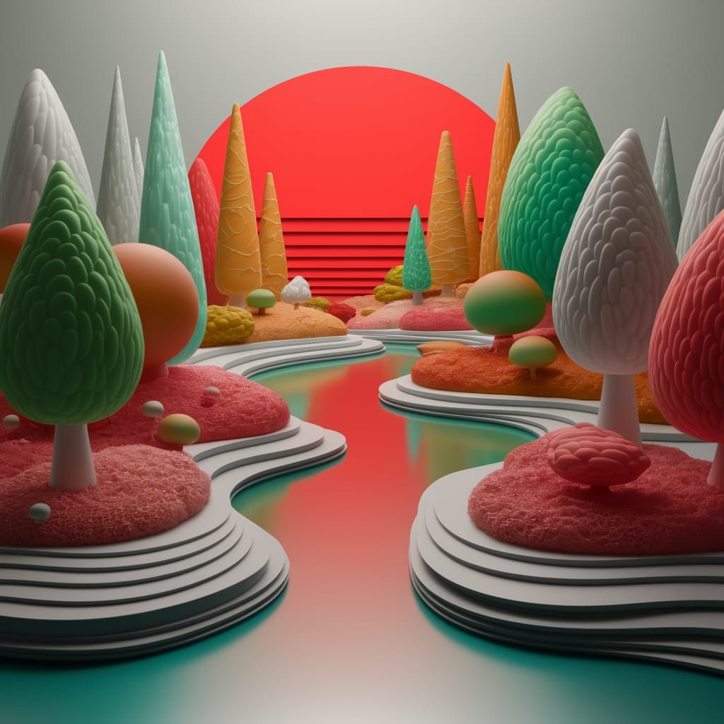 Whimsical Sunset Forest Scene in Embossed Style