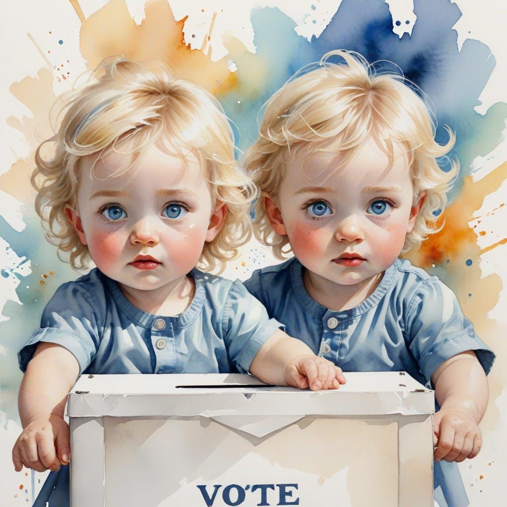 Blond Baby Twins Voting: Watercolor Style
