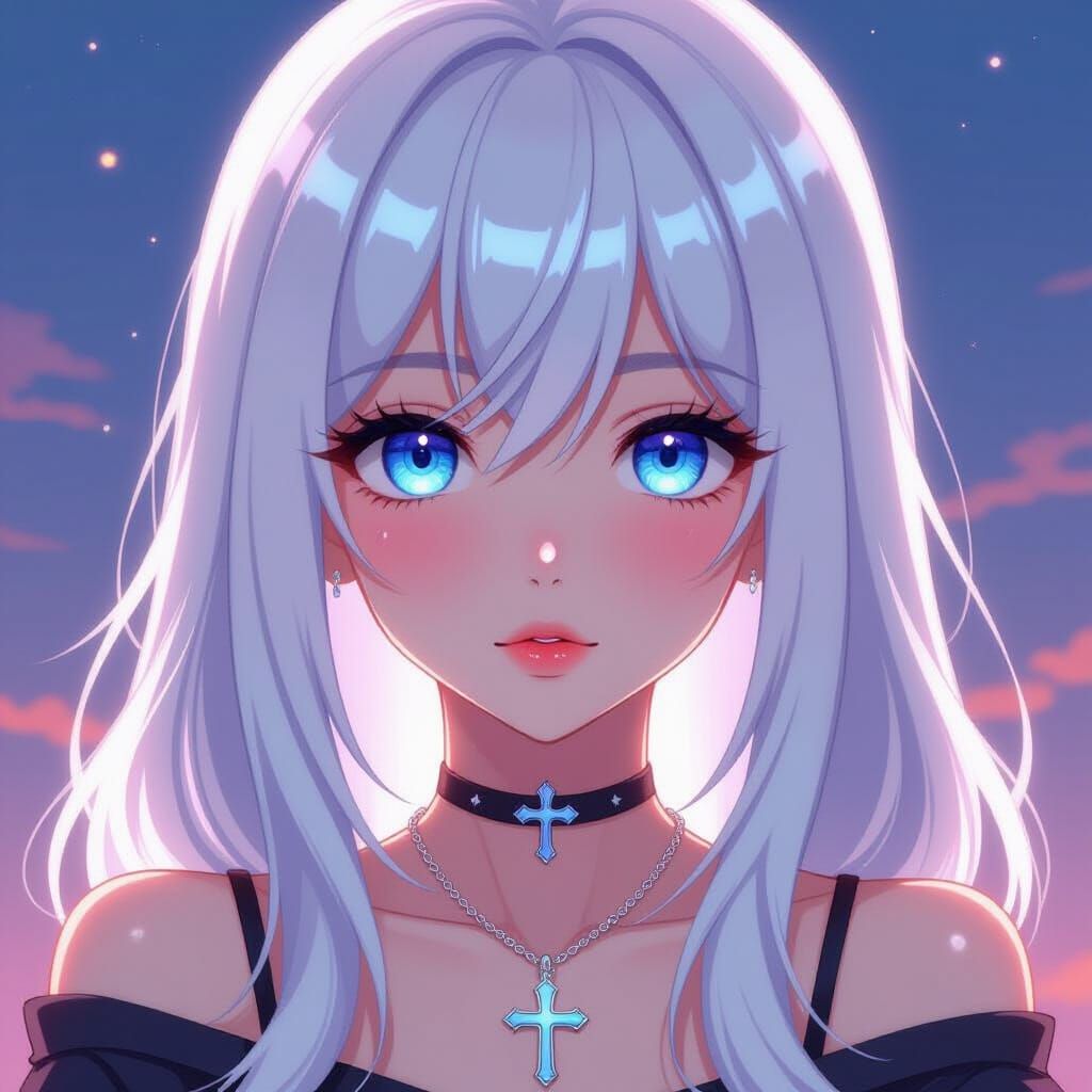 Anime Girl with White Hair and Cross Necklace