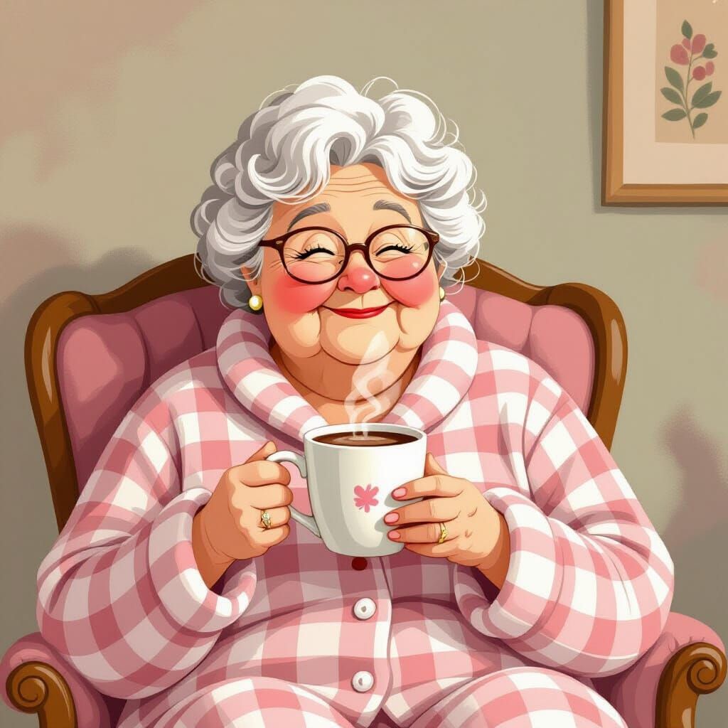 Cozy Old Lady Enjoying Hot Chocolate as Whimsical Illustrati...