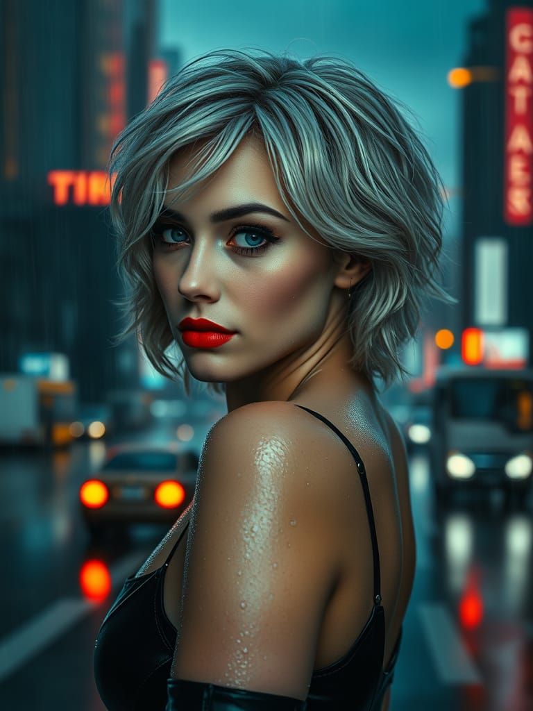 Cyberpunk Goddess in Rainy Cityscape