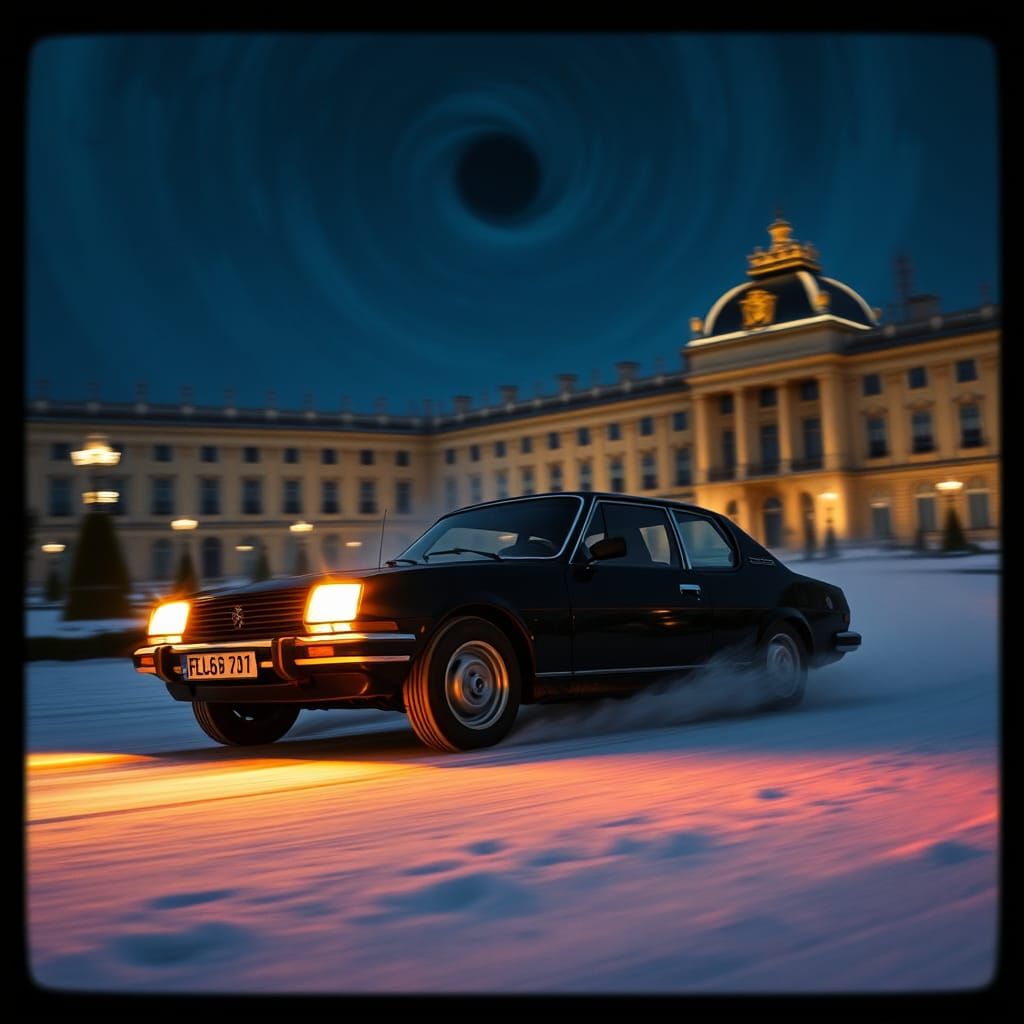 Peugeot Drifting in Snowy Versailles with Black Hole Sky