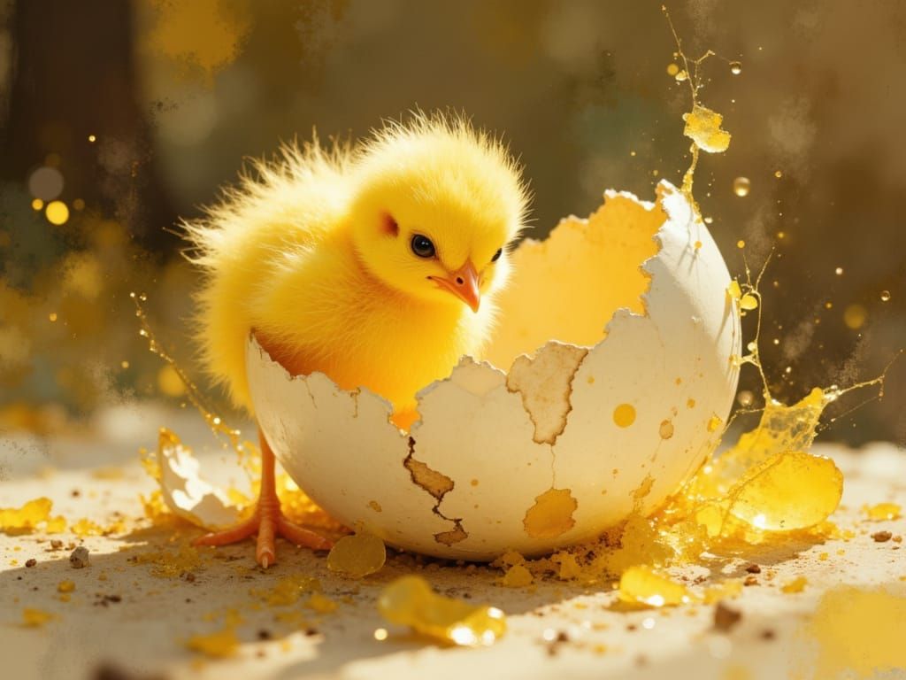 Cute Yellow Chick Hatches from Egg with Mother Hen