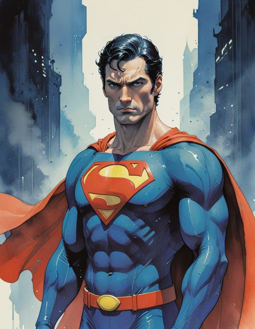 Moebius-Inspired Superman Concept Art in Watercolor Comic St...