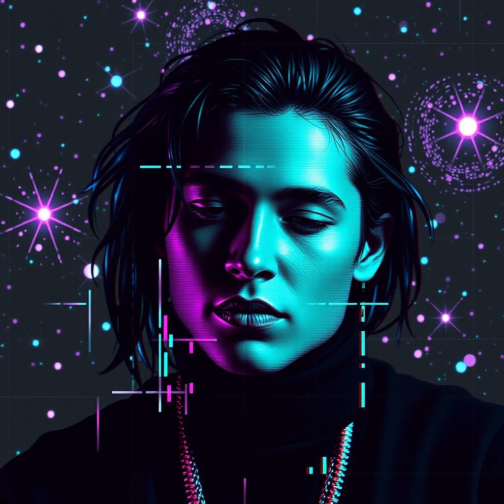 Abstract Indigo Glitch Art with Constellations