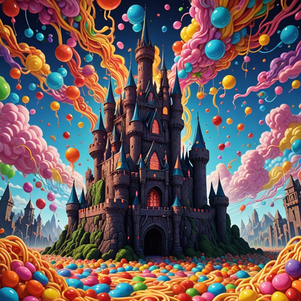 Vibrant Surreal Castle Floats Above Swirling Lava in 8-bit D...