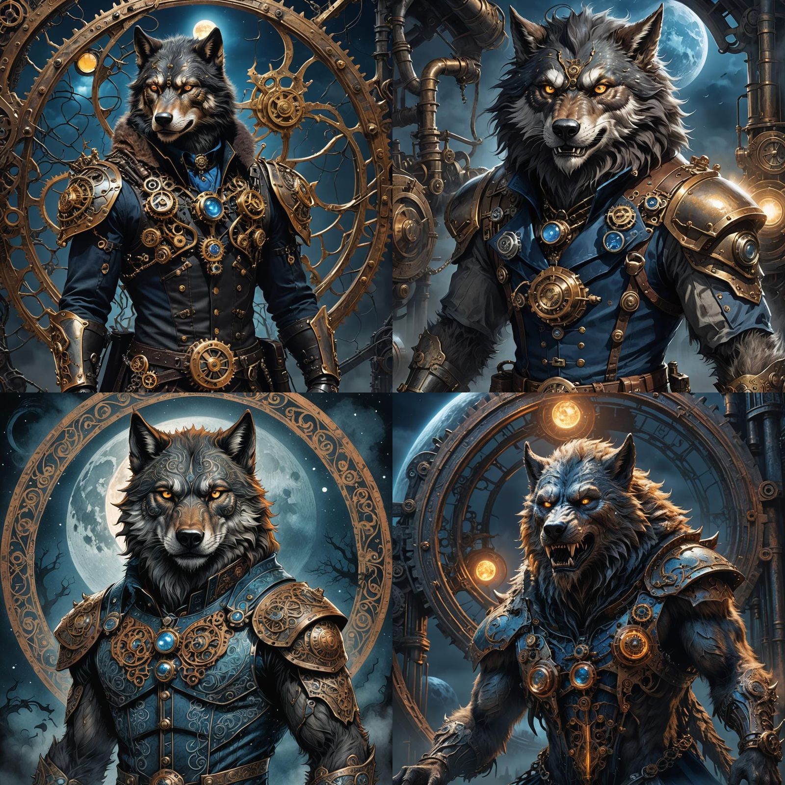 Steampunk Werewolf Howls Under Deep Blue Moon