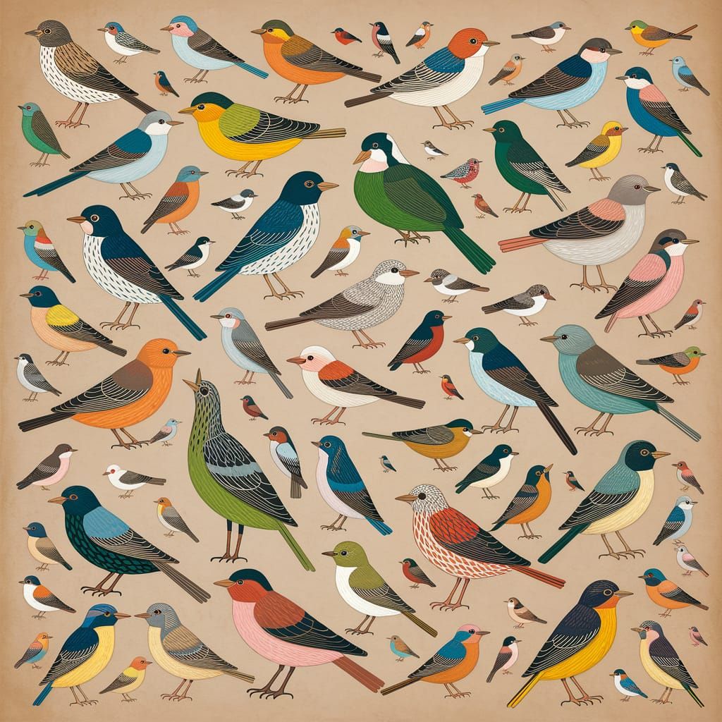 Vibrant Bird Species on Parchment Background