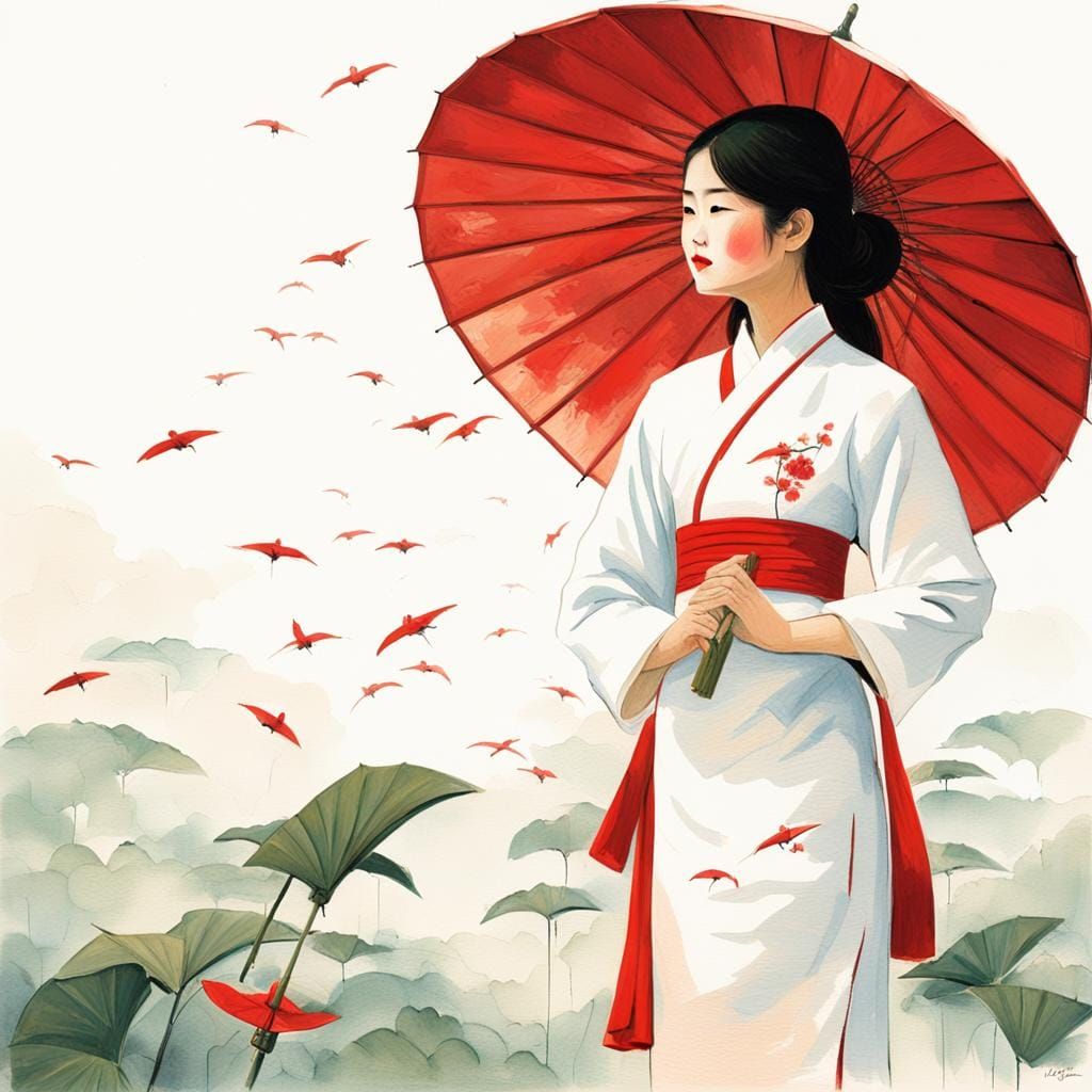 Vietnamese Woman with Red Umbrella in Asian Art Style