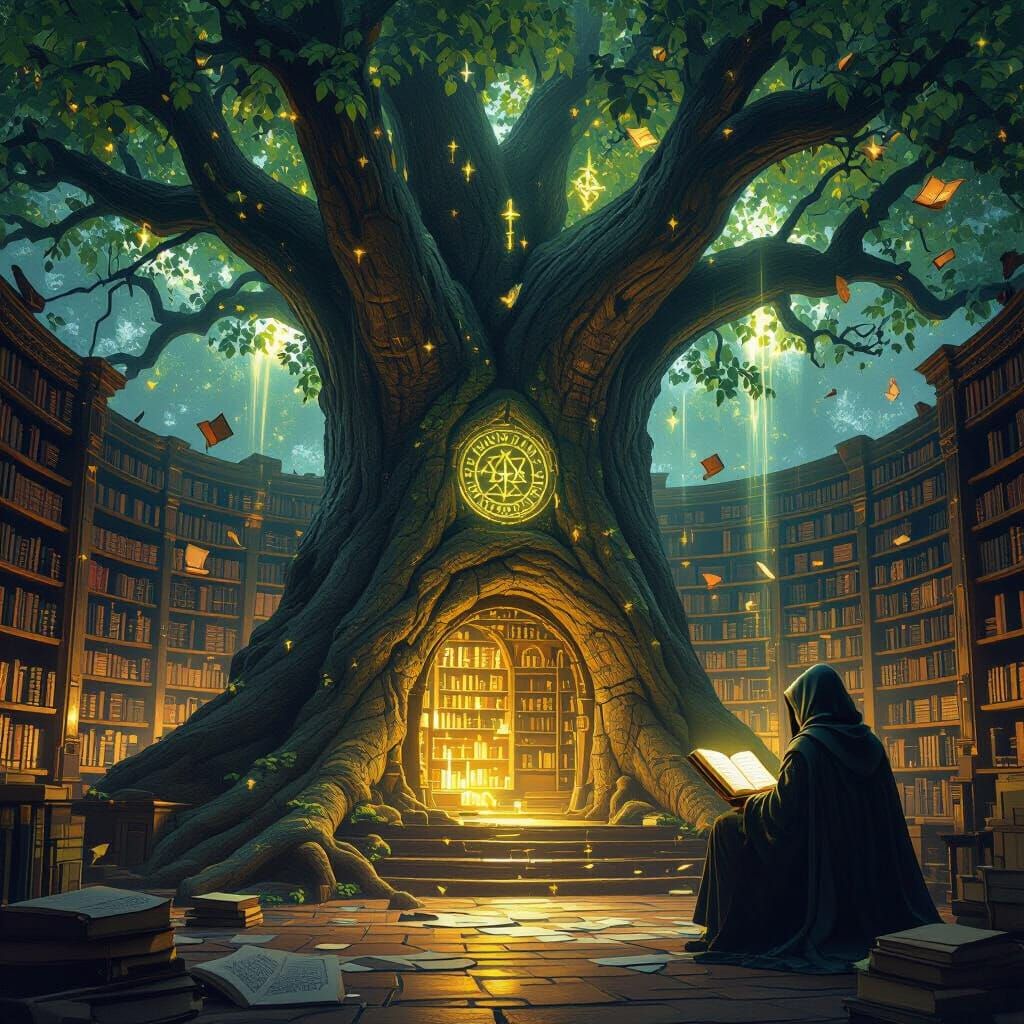 Mystical Tree Library with Glowing Runes in 8K