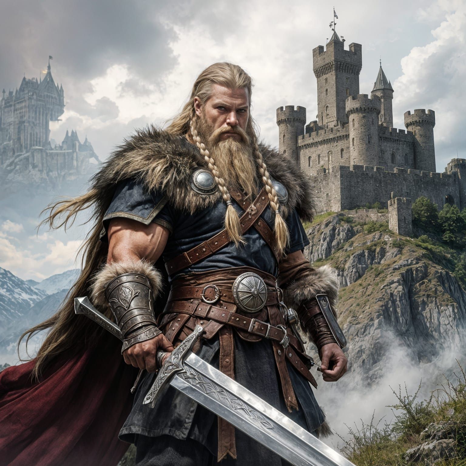 Viking Chieftain with Sword and Castle Background