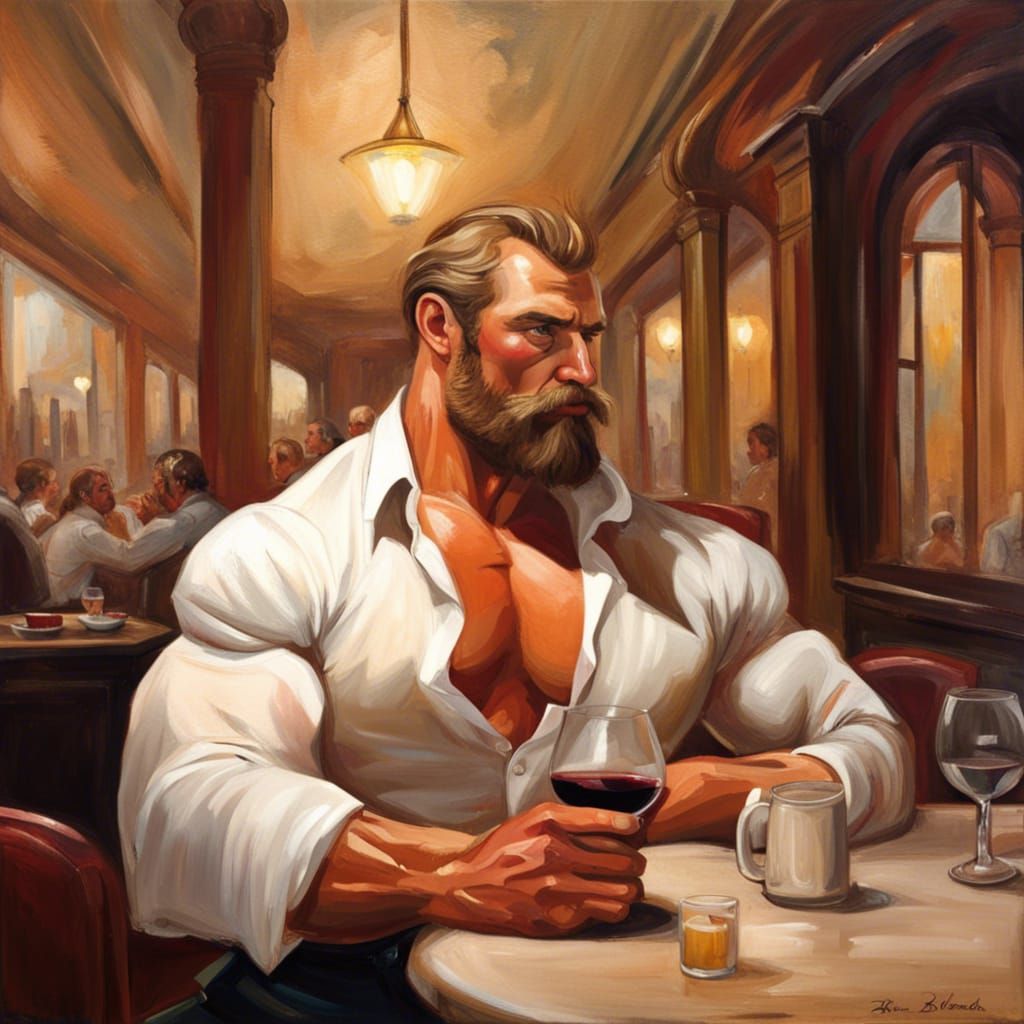 Bodybuilder in Parisian Cafe, Impressionistic Oil Painting