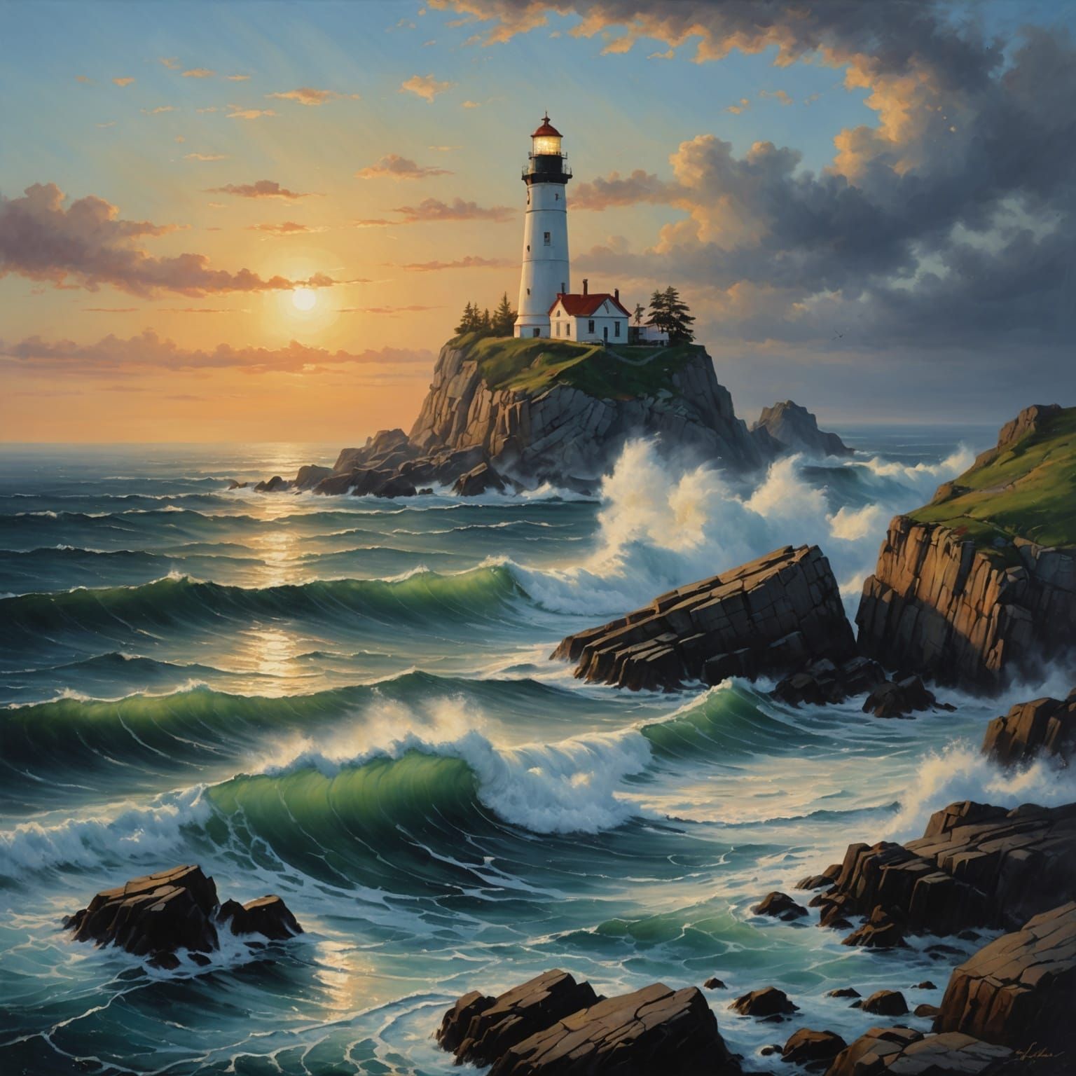Lighthouse at Dusk: Emotive Oil Painting