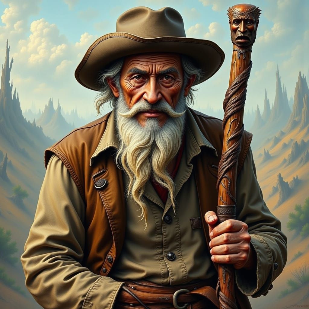 Old Man with Carved Walking Stick on Beach