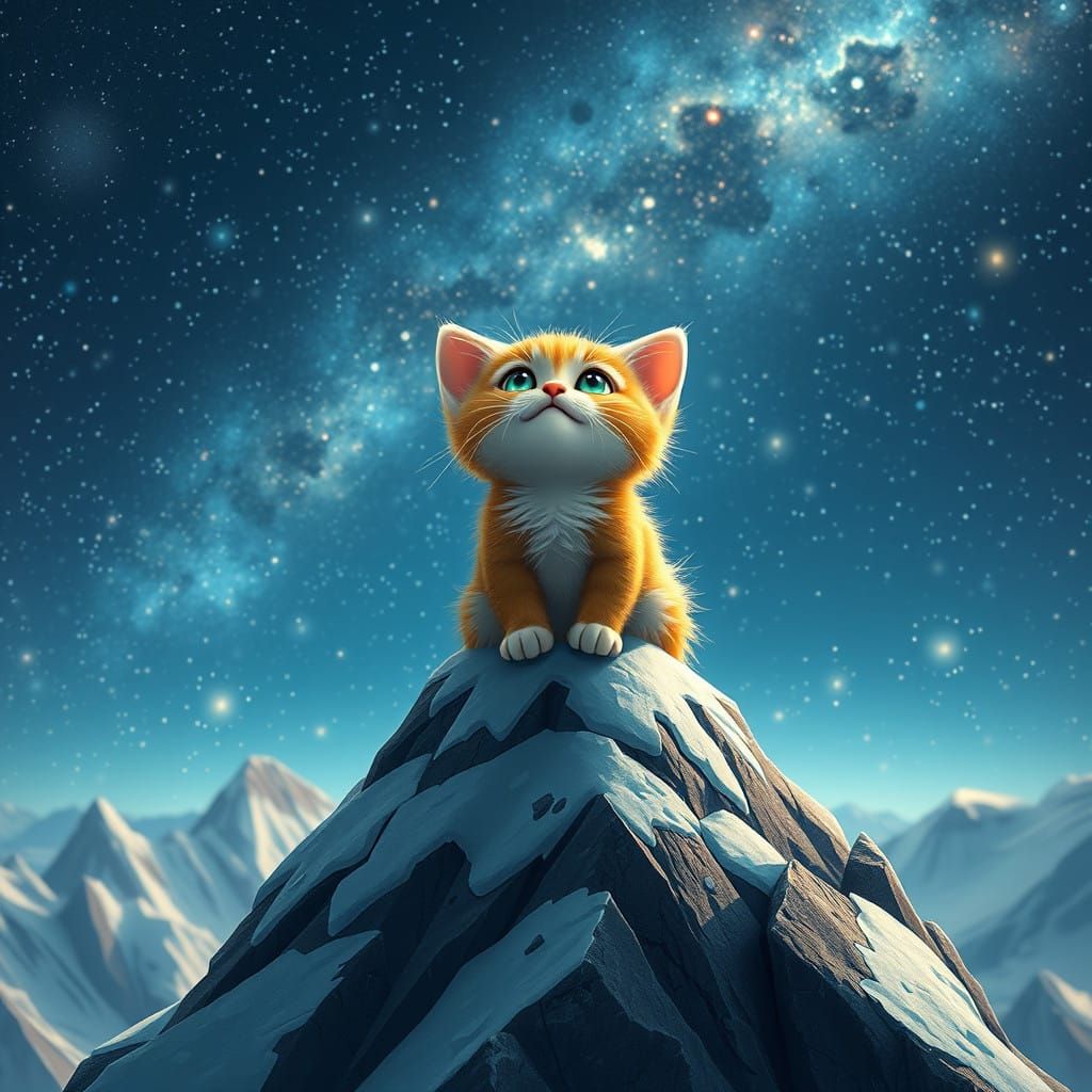 Whimsical Starlight Feline Ascends Majestic Mountain