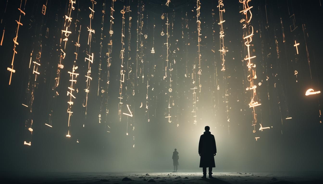 Ethereal Figure Amidst Shadows and Glowing Symbols