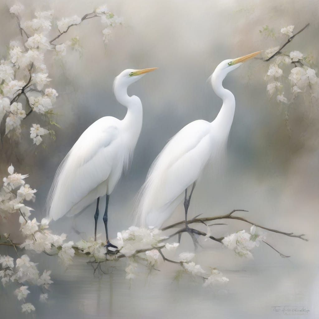 Egrets in Dreamy Fog with Wisteria: Impasto Anime Art