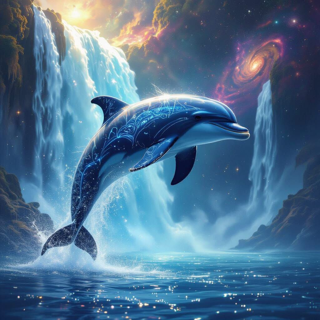 Bioluminescent Dolphin Arcs Through Cosmic Waterfall