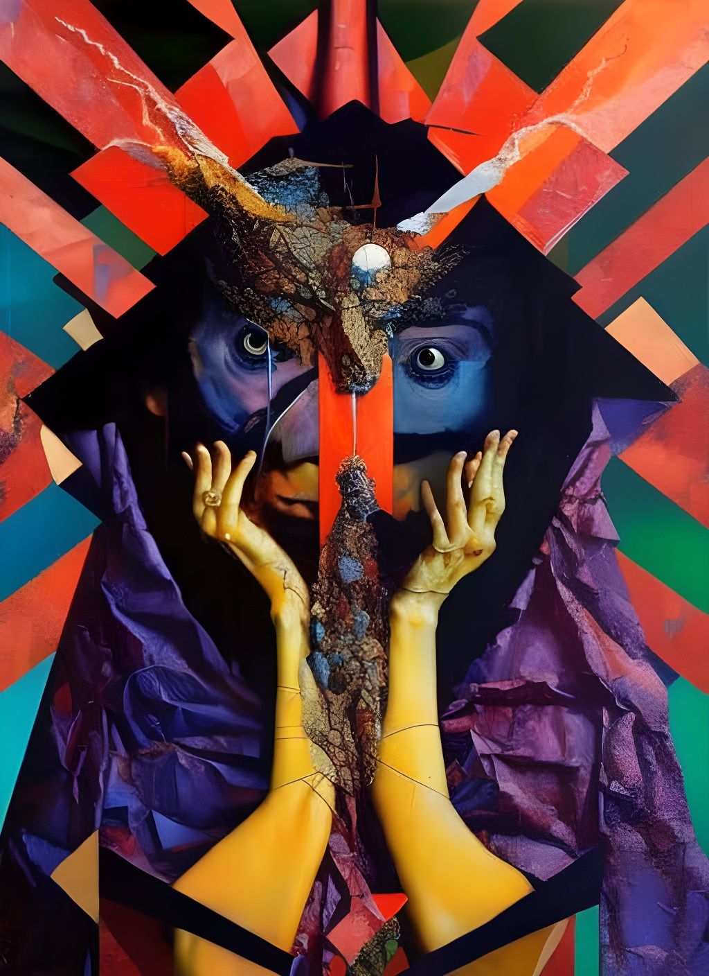 Unsettling Mixed-Media Collage in Abstract-Surreal Style