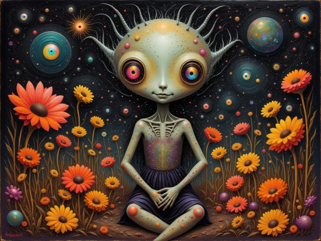 Cosmic Zen Alien Child in Surreal Garden