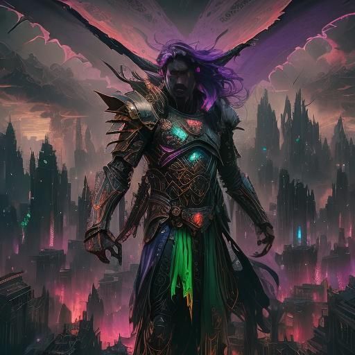 Cyberpunk Vampire with Wings in Dystopian Cityscape