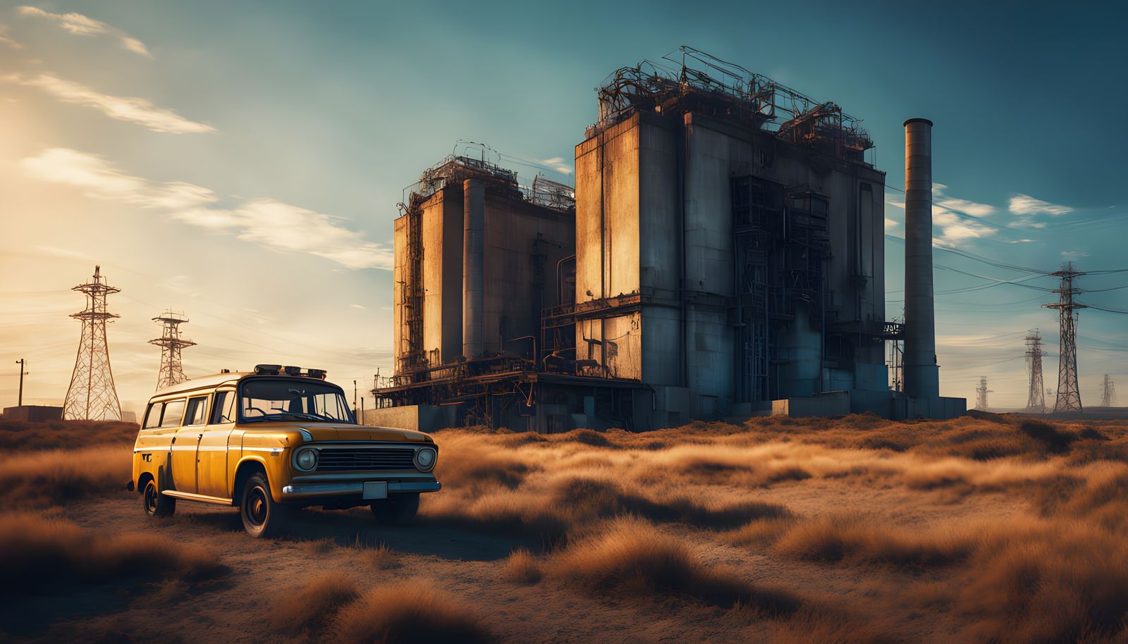 Futuristic Mechanical Vehicle Near Brutalist Power Station
