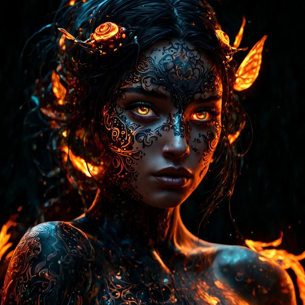 Firefly Portrait with Glowing Tattoos in the Dark