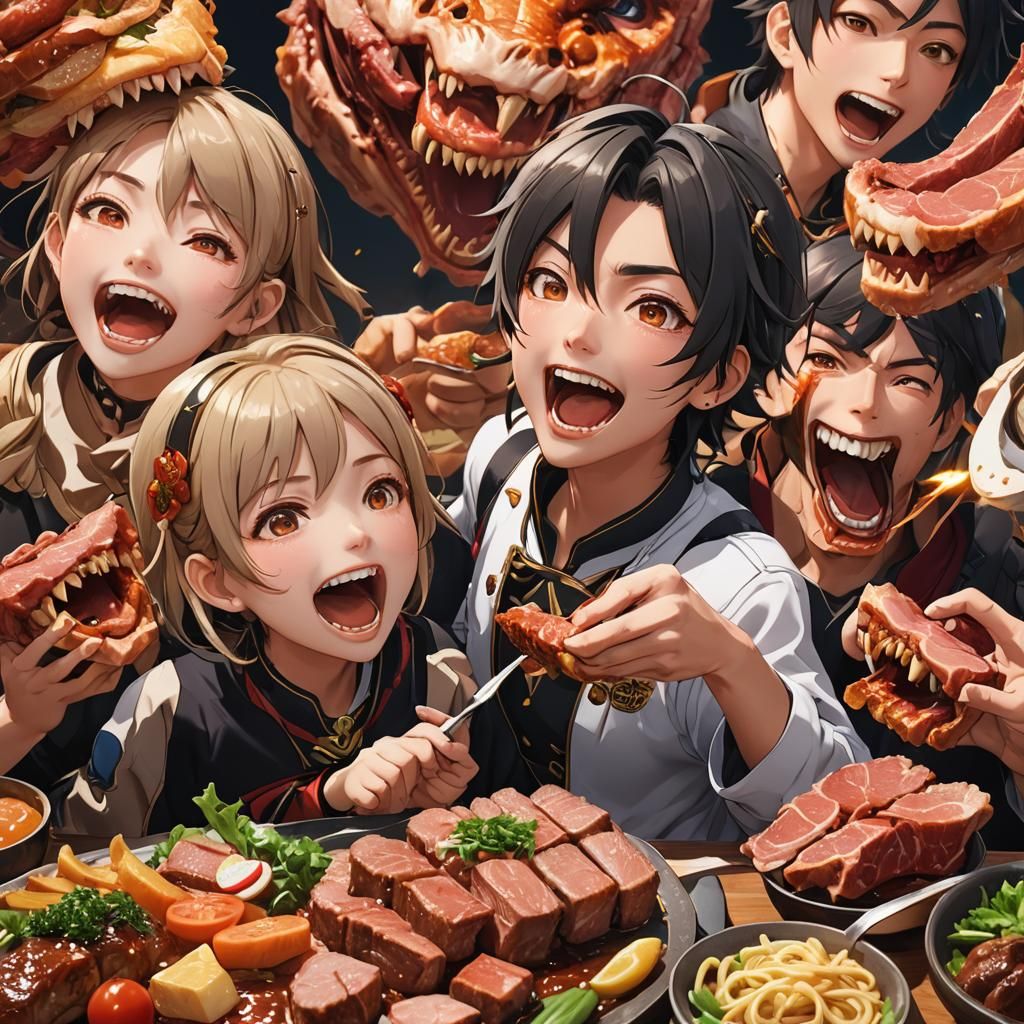 Happy People Eating Meat in 3D Anime Style