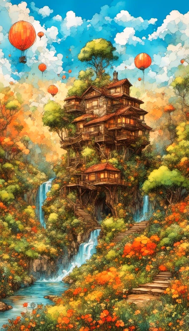 Cliffside House with Waterfall in Sin City Style