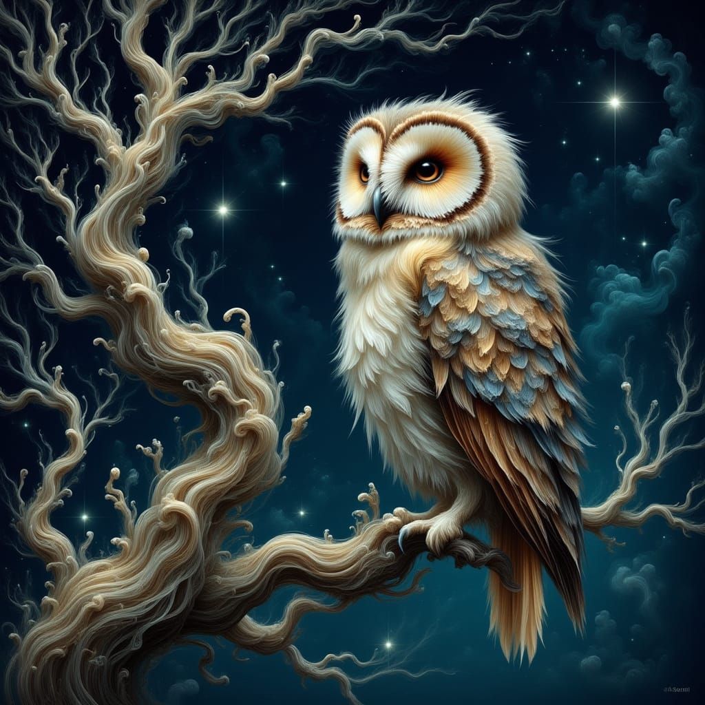 Majestic Owl on Ancient Branch Under Starry Sky