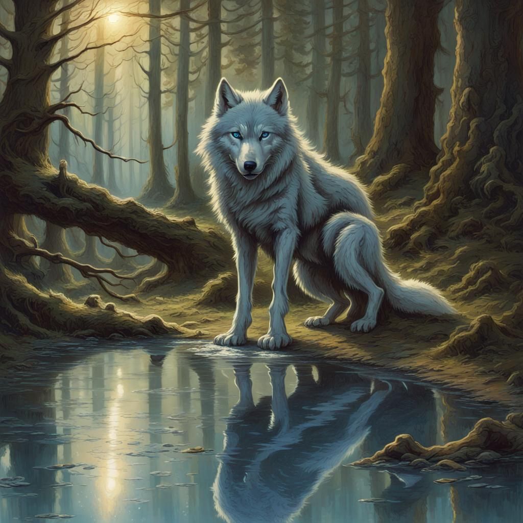 Fluffy Blue-Eyed Wolf in Sunlit Forest