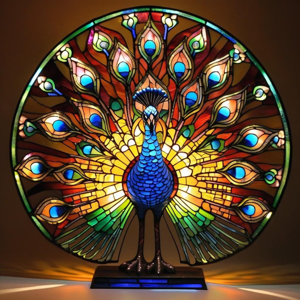 Glowing Stained Glass Peacock Sculpture