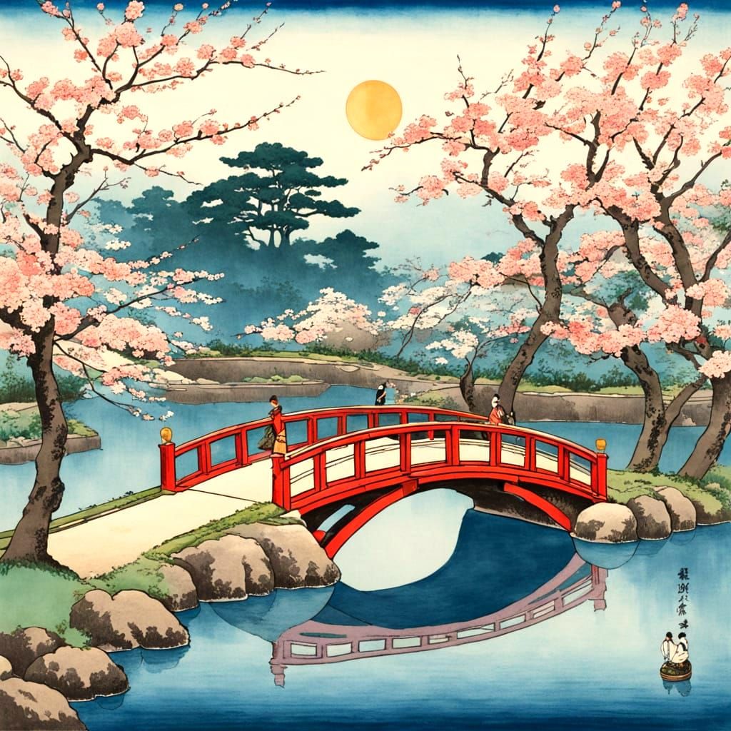 Cherry Blossom Bridge: Hiroshige-Inspired Japanese Garden
