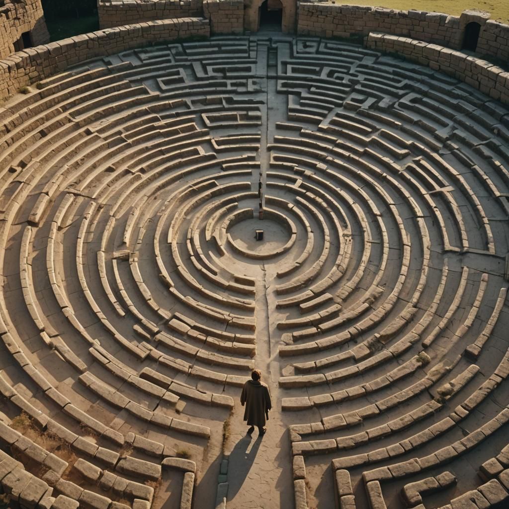 Figure in Stone Labyrinth with Golden Hour Lighting