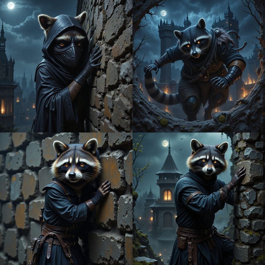 Ninja Raccoon Climbs Castle Wall at Night