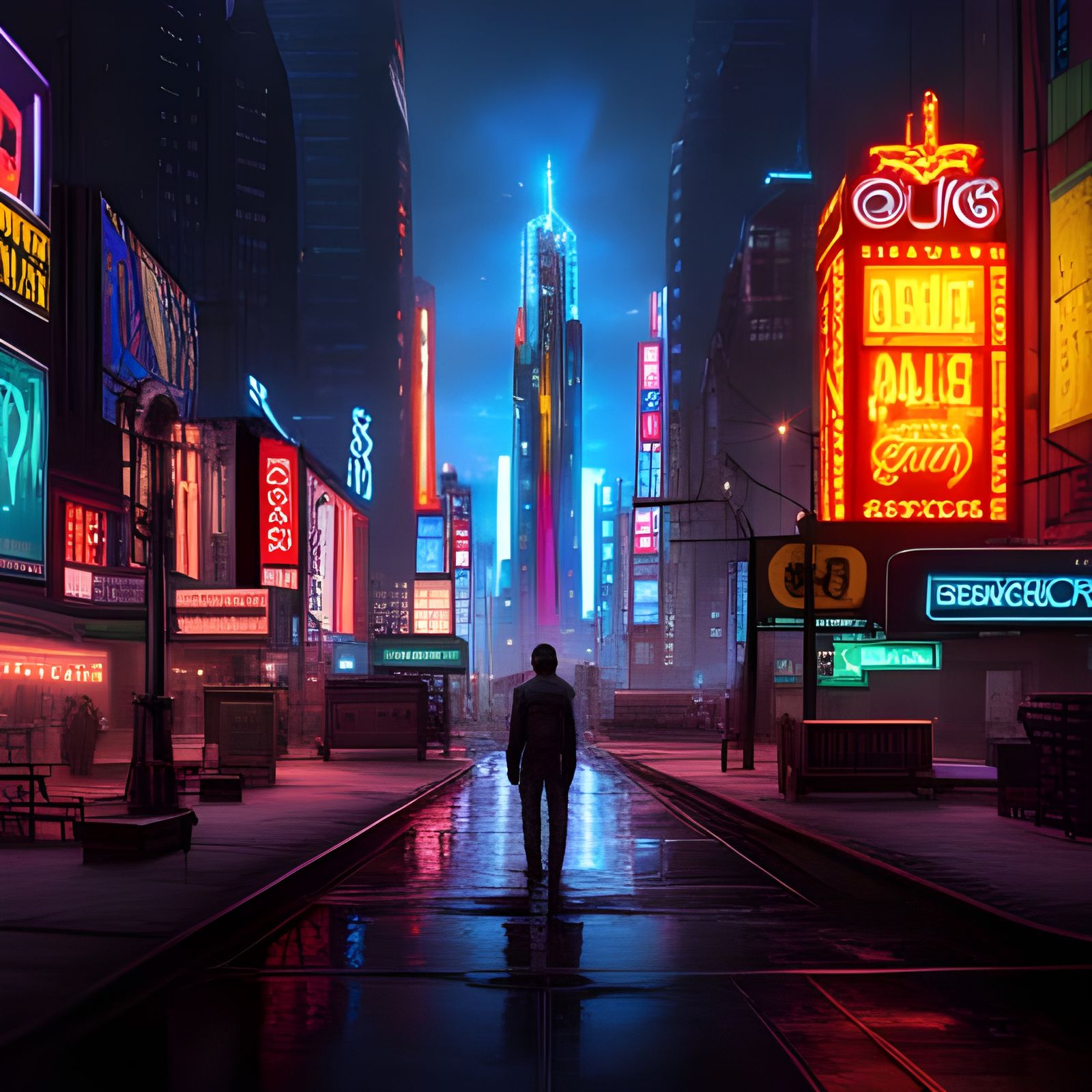 Cyberpunk Clock Tower in Neon Cityscape