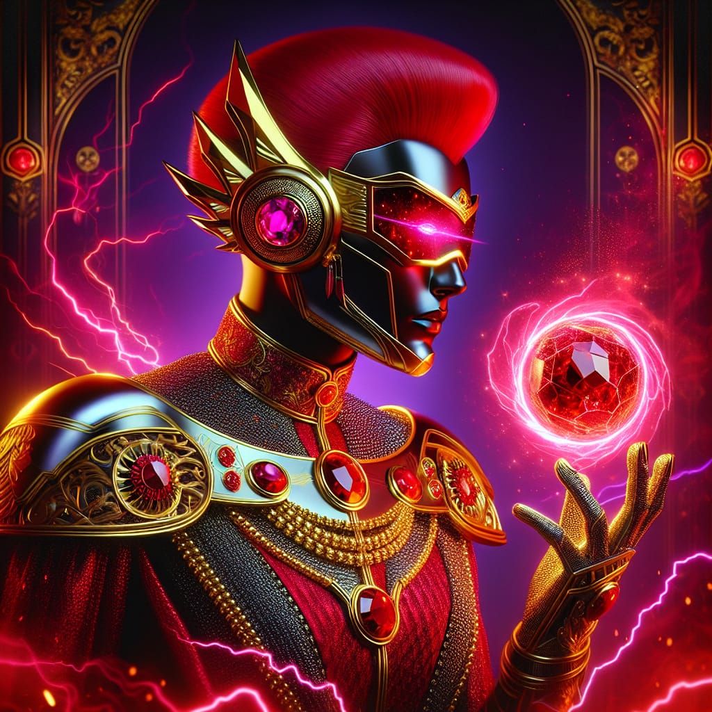 Crimson Superheroine with Neon Aura in Synthwave Style