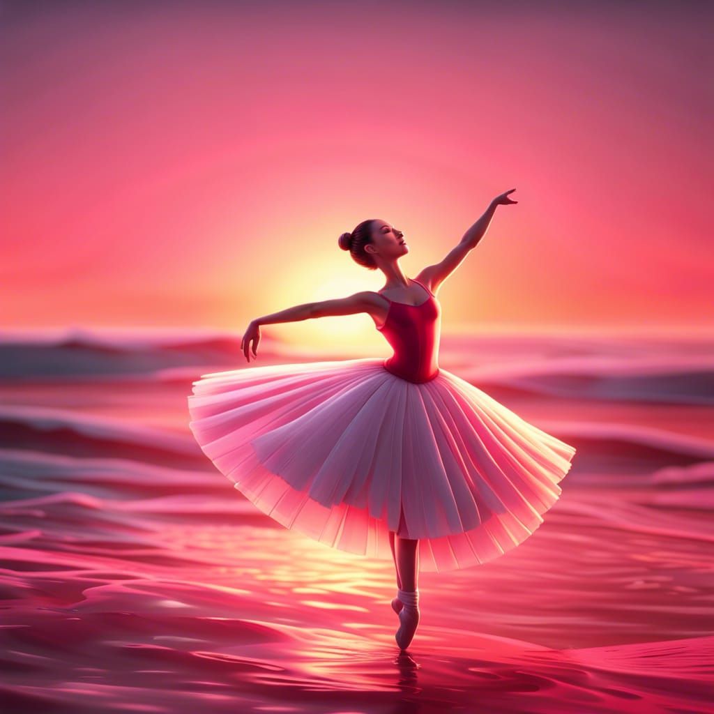 Ballerina Dances on Ocean at Sunset: 3D Digital Art