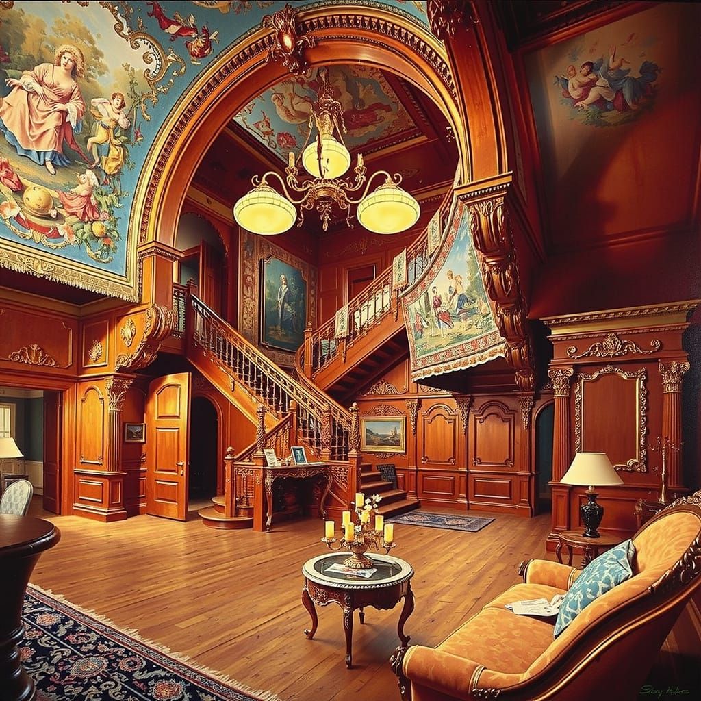 Opulent Baroque Room with Sweeping Staircase